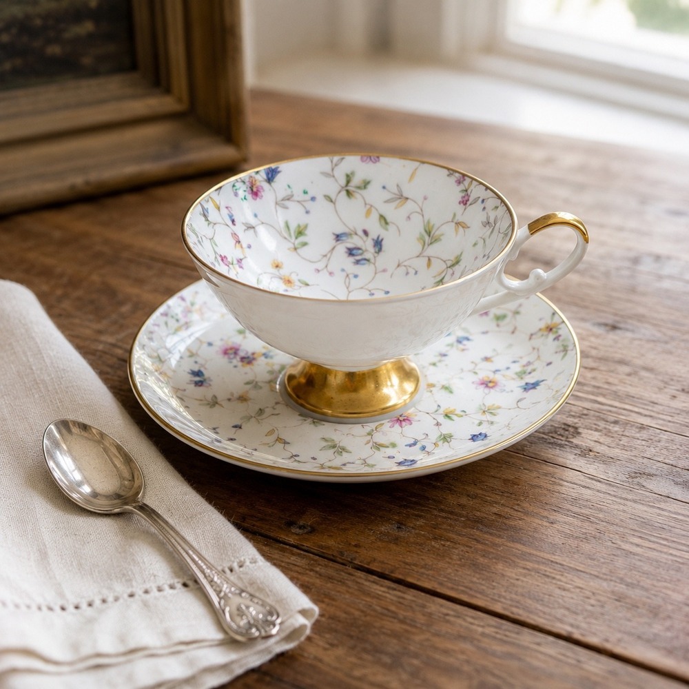 English Cottage Floral Pedestal Teacup Saucer Set Gold Trim Fine China Bavaria